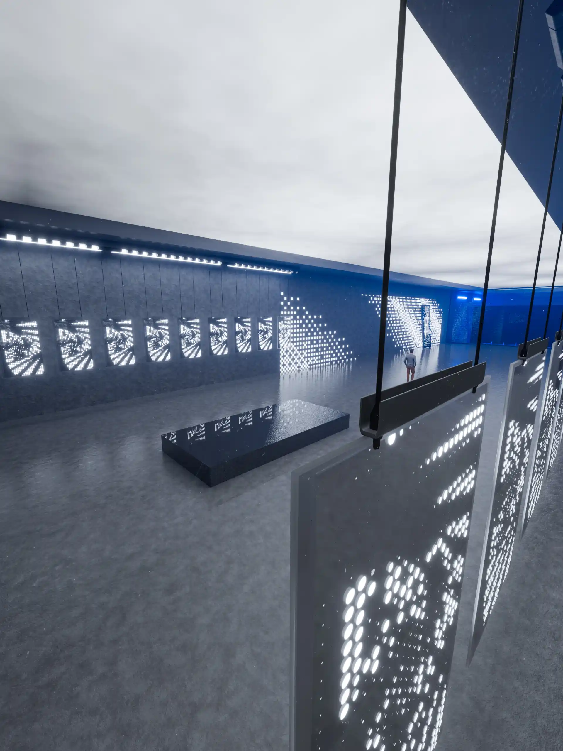 Detail of the glass fin joints and hidden cables
