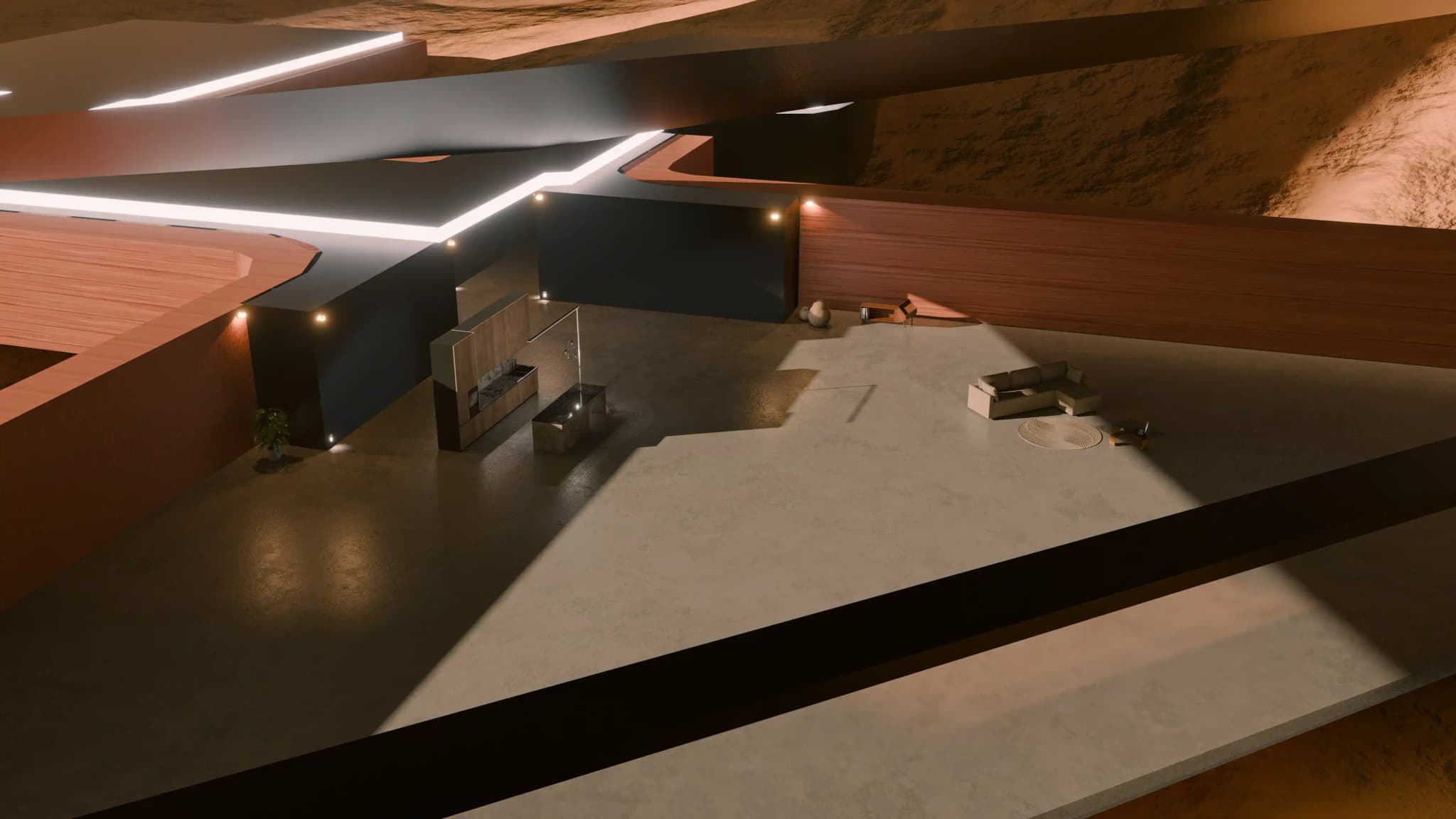 The long concrete roof overhang shading the trench
